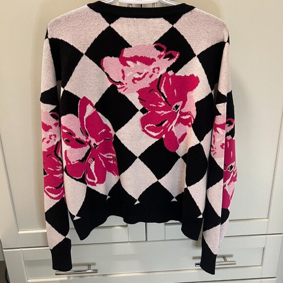 CYRUS Floral Knit Sweater Women's Size Large Pink Black White Pattern - Picture 2 of 8